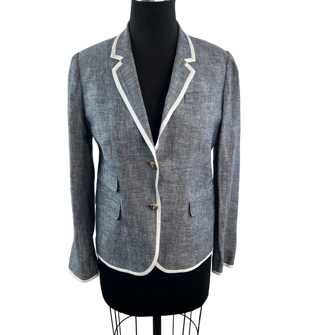 J.Crew Gray White Schoolboy Blazer Tipped Linen Notch Lapel Single Breasted Sz 4